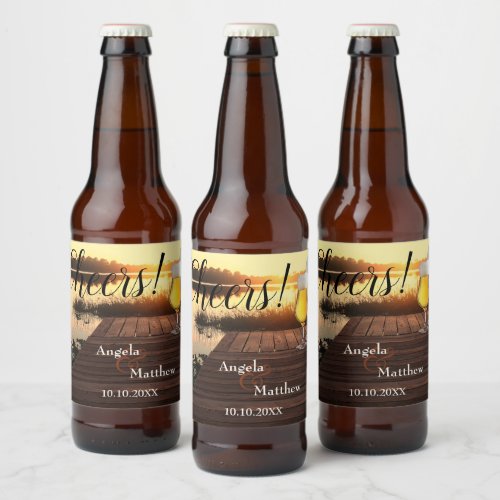 Cheers Romantic Sunset Wedding Beer Label