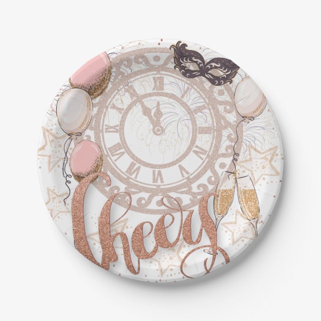 Cheers Rose Gold Script Clock Champagne New Year Paper Plates (Front)