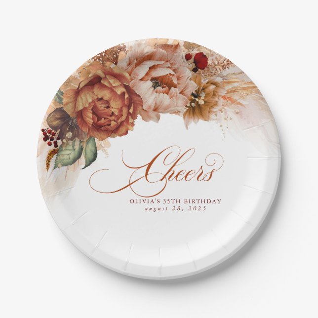 Cheers Rust Terracotta Floral Pampas Grass Paper Plates (Front)