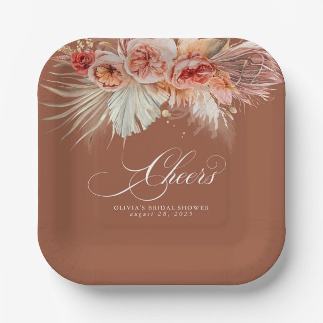 Cheers Rust Terracotta Floral Pampas Grass Paper Plates (Front)