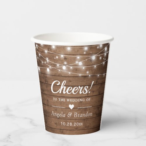Cheers Rustic Wood String Lights Wedding Party Paper Cups