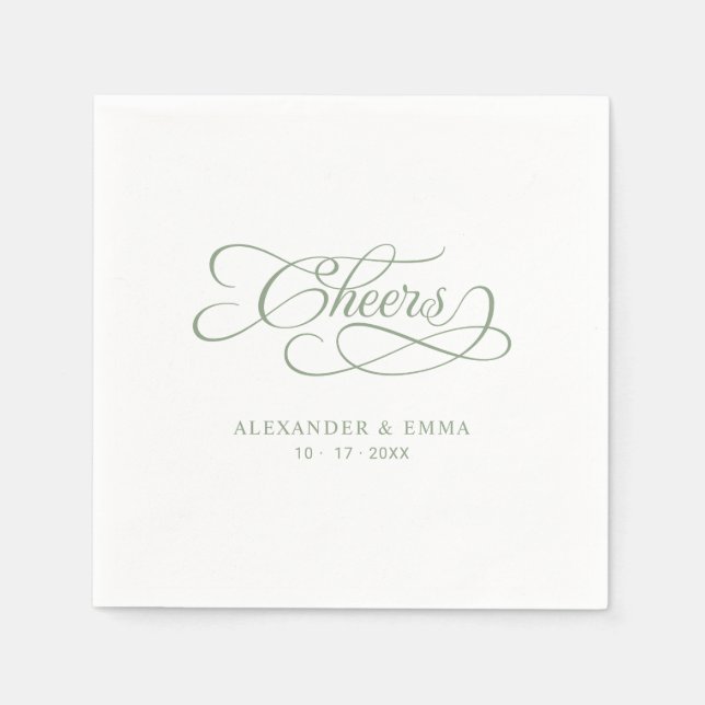 Cheers Sage Green Elegant Calligraphy Cocktail Napkins (Front)