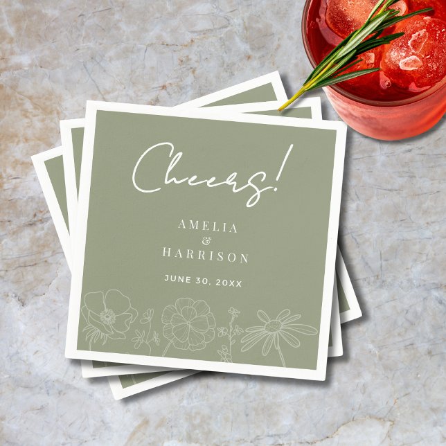 Cheers Sage Green Elegant Floral Line Art Wedding Napkins (Cheers Sage Green Elegant Floral Line Art Wedding Cocktail Napkin with Couple Names, Date.)