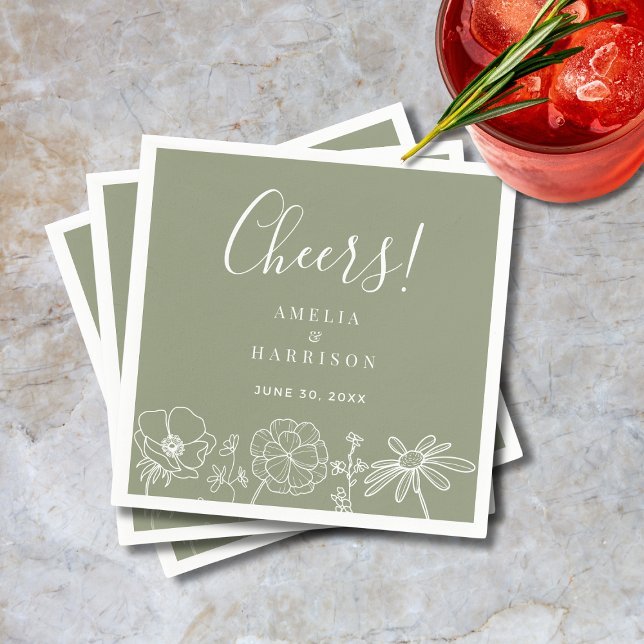 Cheers Sage Green Elegant Floral Line Art Wedding Napkins (Cheers Sage Green Elegant Floral Line Art Wedding Cocktail Napkin with Couple Names, Wedding Date.)