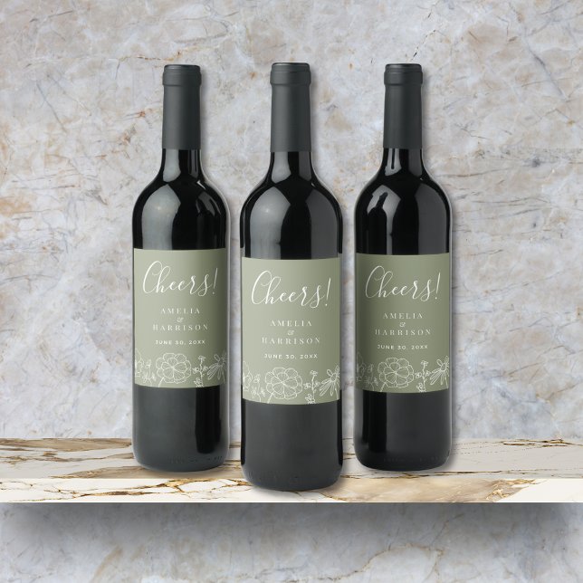 Cheers Sage Green Elegant Floral Wedding Wine Label (Cheers Sage Green Elegant Wedding Wine Bottle Label with Line Art Flowers, Couple Names, Date.)