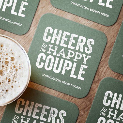 Cheers sage green fun brewery wedding rehearsal square paper coaster