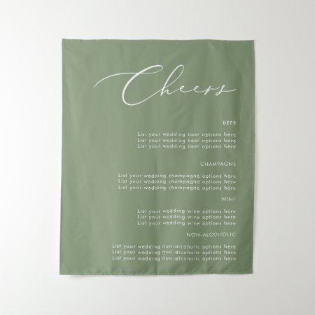 Cheers Sage Green Wedding Drinks Fabric Sign Tapestry