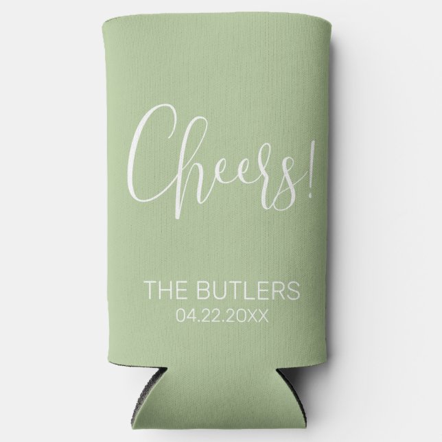 Cheers! Sage Green Wedding Seltzer Can Cooler (Front)