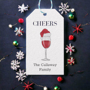 Cheers Santa Hat Red Wine Personalized Christmas Gift Tags