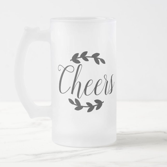 Cheers Script & Black Laurels Frosted Glass Beer Mug (Left)