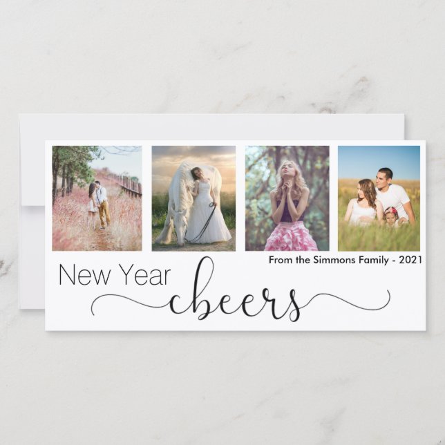 Cheers Script Happy New Year 2021 Photo Collage Holiday Card (Front)