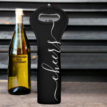 Cheers Scroll Typography Black And White Wine Bag by Ricaso_Designs at Zazzle