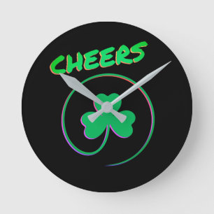Cheers Shamrock Clover Ireland Irish  Round Clock
