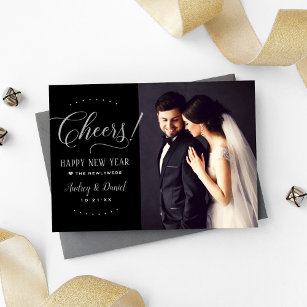 Cheers Silver Black Happy New Year Wedding Photo Holiday Card