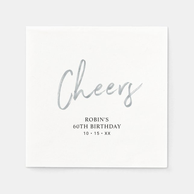 Cheers Silver Brush Script Adult Birthday Party Napkins (Front)