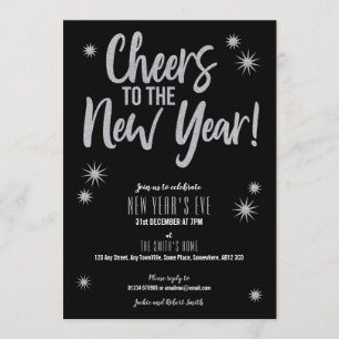 Cheers Silver on Black New Year's Eve invitation