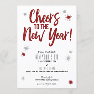 Cheers Silver & Red New Year's Eve invitation