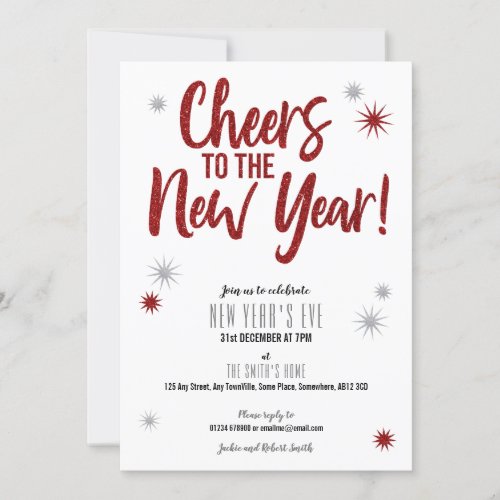 Cheers Silver  Red New Years Eve invitation