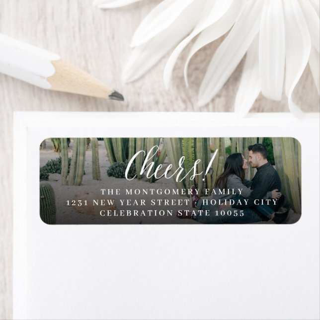 Cheers Simple Calligraphy Photo New Year Address Label (Insitu)