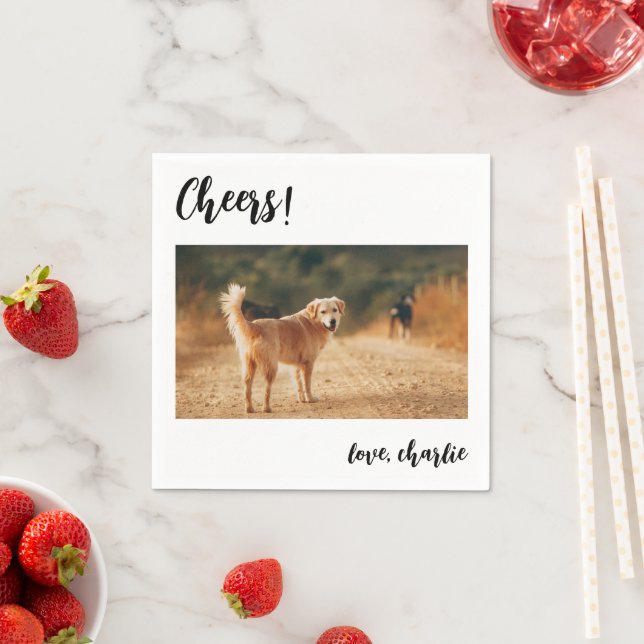 Cheers Simple Cute Dog Photo Modern Wedding Napkins (Insitu)