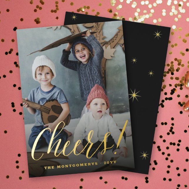 Cheers Simple Script Calligraphy New Year Photo Foil Holiday Card (Creator Uploaded)