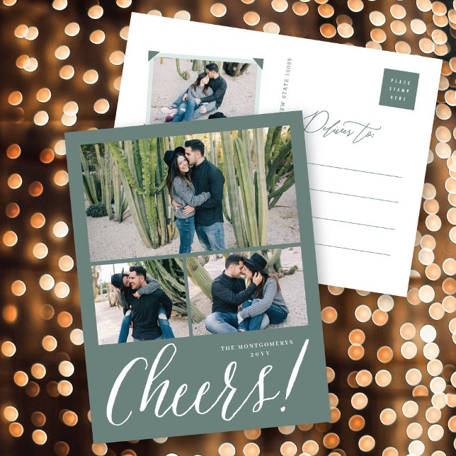 Cheers Simple Script Calligraphy New Year Photo Holiday Postcard (Creator Uploaded)