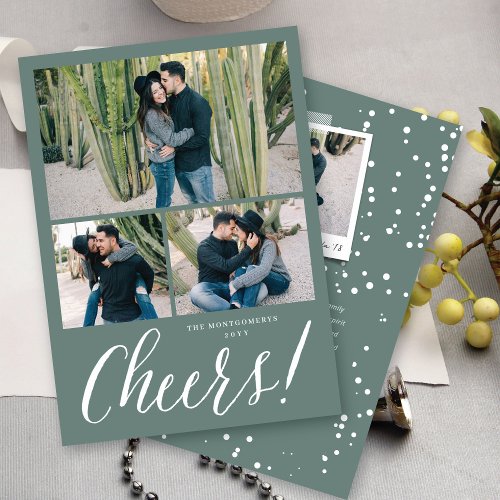 Cheers Simple Script Modern Holiday 3 Photo Card