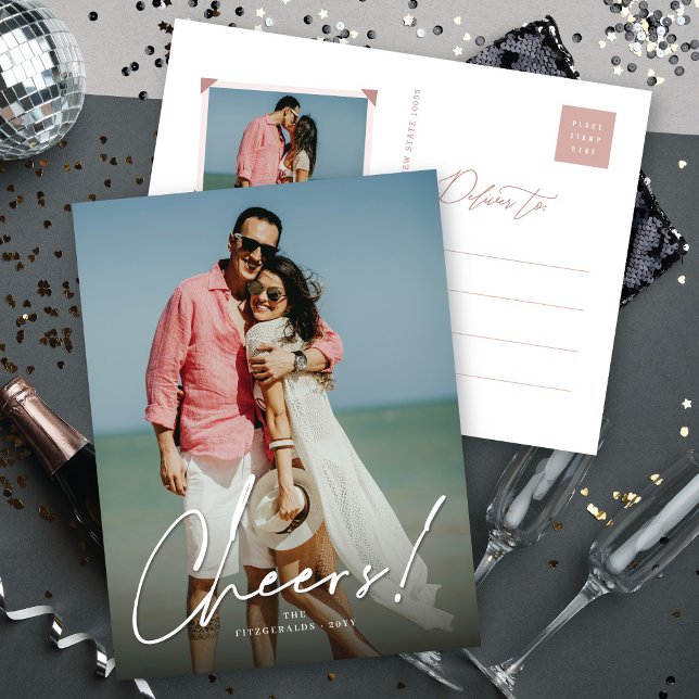 Cheers Simple Script Modern Holiday Photo Postcard (Creator Uploaded)