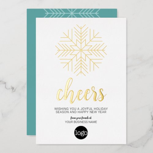 Cheers Snowflake Business Greeting Aqua and Gold Foil Holiday Card