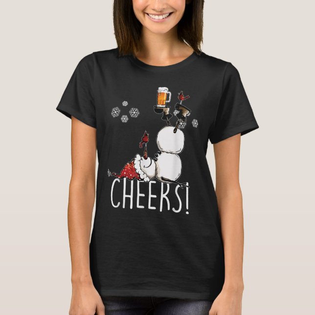 Cheers Snowman Beer And Wine Christmas  T-Shirt (Front)