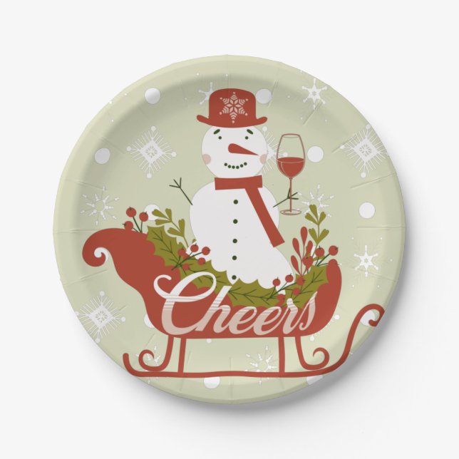 Cheers Snowman with Wine and Sled Christmas Party Paper Plates (Front)