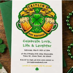 Cheers St Patricks Day Shamrock 21st Birthday Invitation