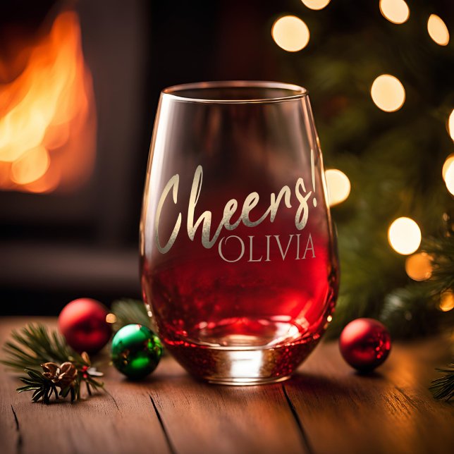 Cheers Stylish Gold Script Custom Name Stemless Wine Glass (Cheers Stylish Gold Script Custom Name Stemless Wine Glass)