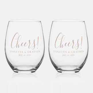 Cheers! Stylish Typography Wedding Stemless Wine Glass