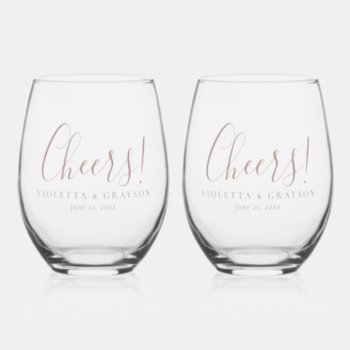 Cheers! Stylish Typography Wedding Stemless Wine Glass by TheSpottedOlive at Zazzle
