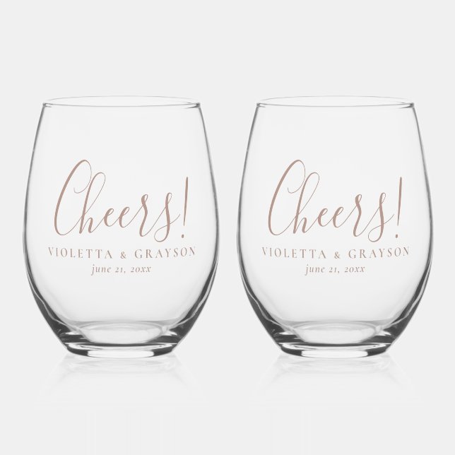 Cheers! Stylish Typography Wedding Stemless Wine Glass (Front)