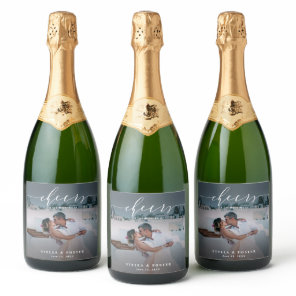 Cheers Stylish White Script Photo Wedding  Sparkli Sparkling Wine Label