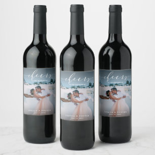 Cheers Stylish White Script Photo Wedding Wine Label