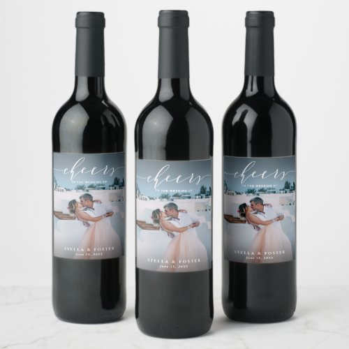 Cheers Stylish White Script Photo Wedding  Wine Label