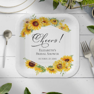 Cheers Sunflower Floral Fall Bridal Shower Paper Plates