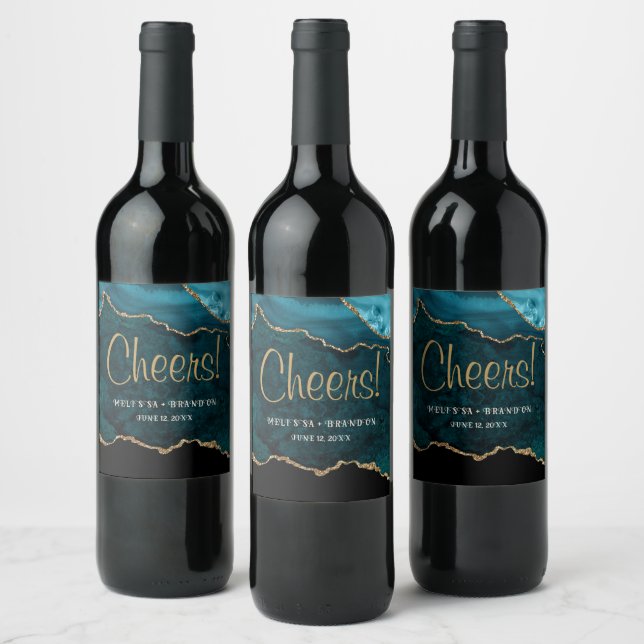 Cheers Teal Gold Glitter Agate Marble Wedding Wine Label (Bottles)