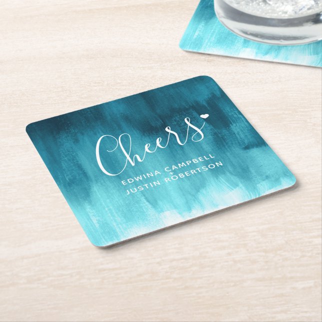 Cheers teal modern art wash paper coasters (Angled)