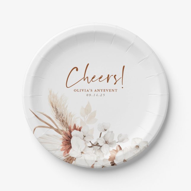 Cheers Terracotta White Floral Any Party Paper Plates (Front)