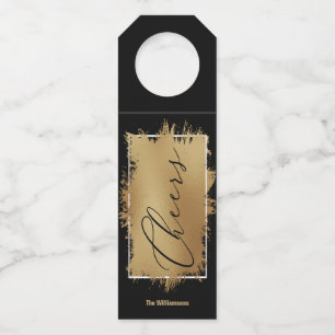 CHEERS Text Gold Foil on Black Bottle Hanger Tag