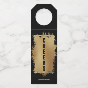 CHEERS Text Gold Foil on Black Bottle Hanger Tag