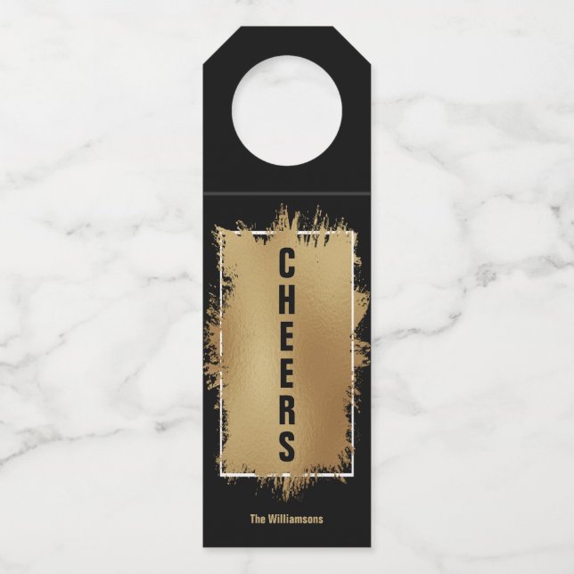 CHEERS Text Gold Foil on Black Bottle Hanger Tag (Front)