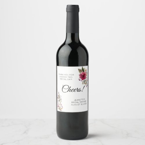 Cheers Thank You Burgundy Flowers Bridal Shower Wine Label