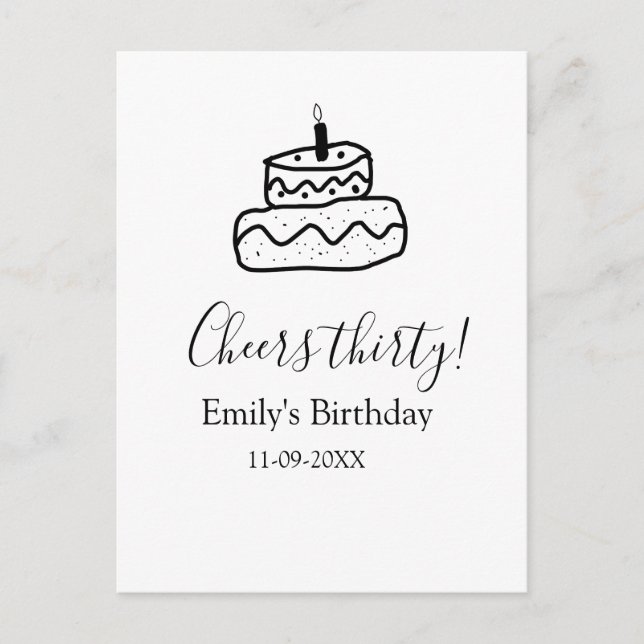 Cheers thirty birthday cake black scribble hand postcard (Front)