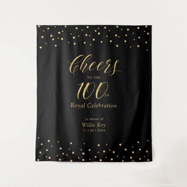 Cheers to 100 | Gold & Black 100th Celebration Tapestry (Front)