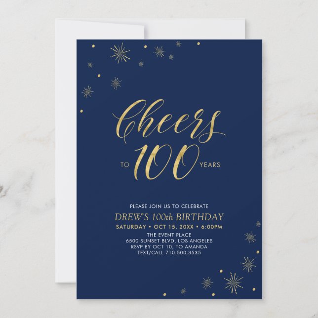 Cheers to 100 | Gold & Navy 100th Birthday Party Invitation (Front)